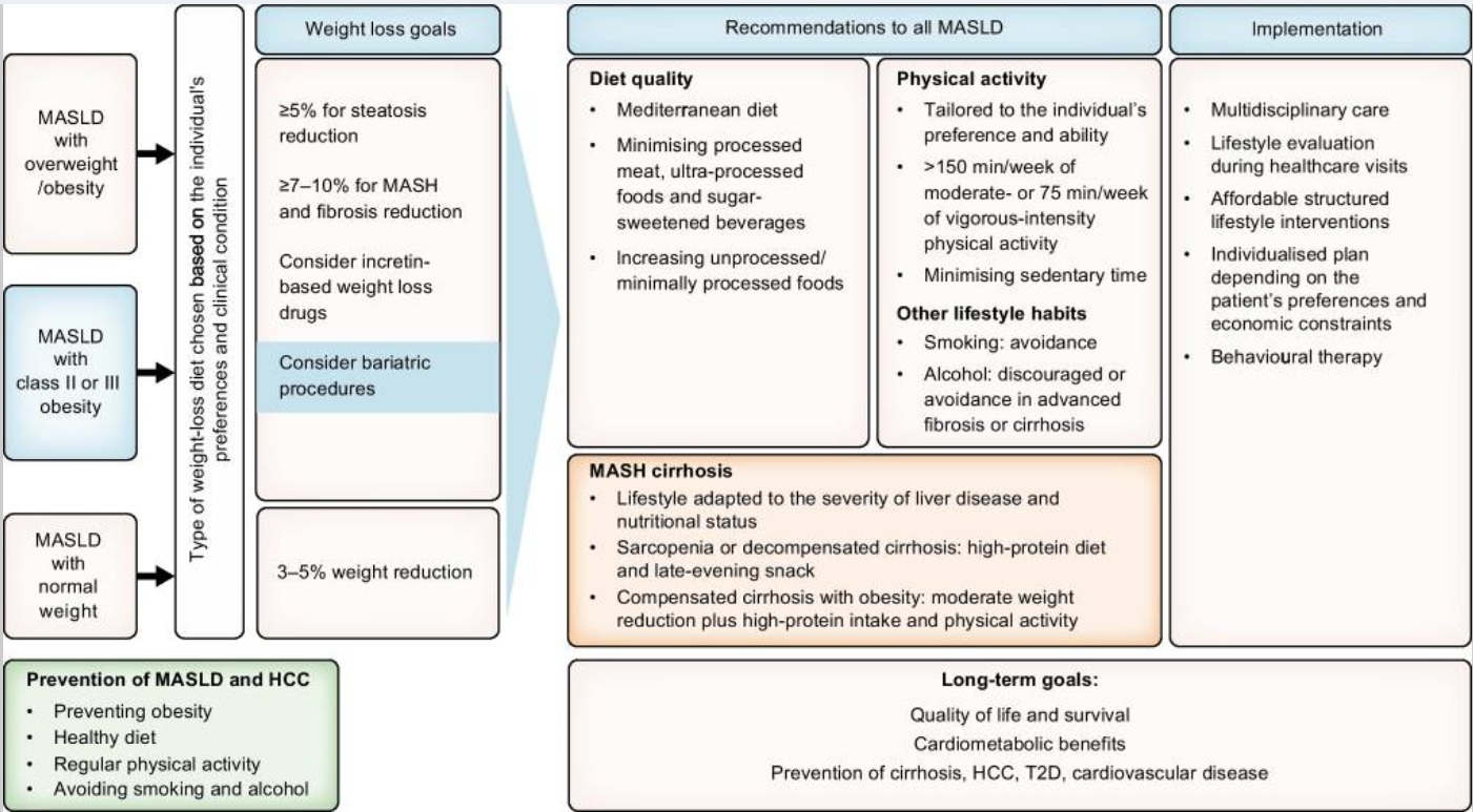 Lifestyle management algorithm for MASLD: behavioural therapy includes self-monitoring, building self-efficacy, motivation, realistic negotiable goals, and overcoming barriers; examples of unprocessed/minimally processed foods include vegetables, fruits (not juice), low-fat dairy, nuts, olive oil, legumes, unprocessed fish and poultry;
overweight: BMI 25–29.9 kg/m² (non-Asian) or 23–24.9 (Asian); obesity: ≥30 kg/m² (non-Asian) or ≥25 kg/m² (Asian); class II obesity: ≥35 kg/m² (non-Asian) or ≥30 kg/m² (Asian); normal weight: <25 kg/m² (non-Asian) or <23 kg/m² (Asian); T2D = type 2 diabetes.